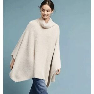 Anthropologie Sleeping on Snow Metallic Poncho Turtleneck Sweater Ivory Gold O/S